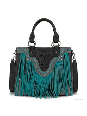 Western Floral Tooled Leather Tote Bag with Fringe